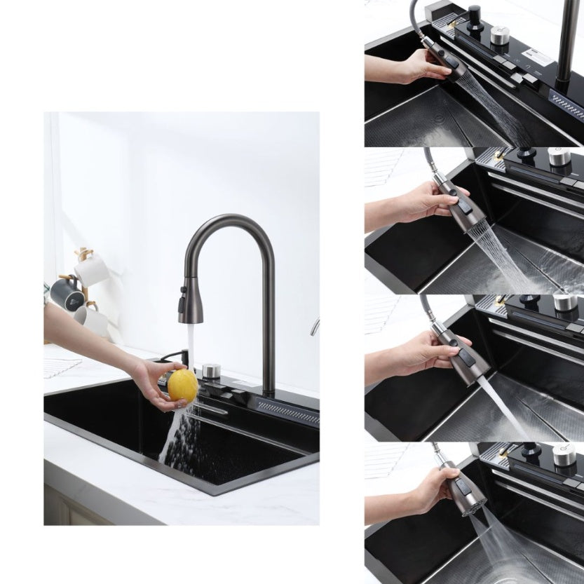 304 Stainless Steel Waterfall Kitchen Sink – Single Bowl with Pull-Out Faucet & Accessories (Black