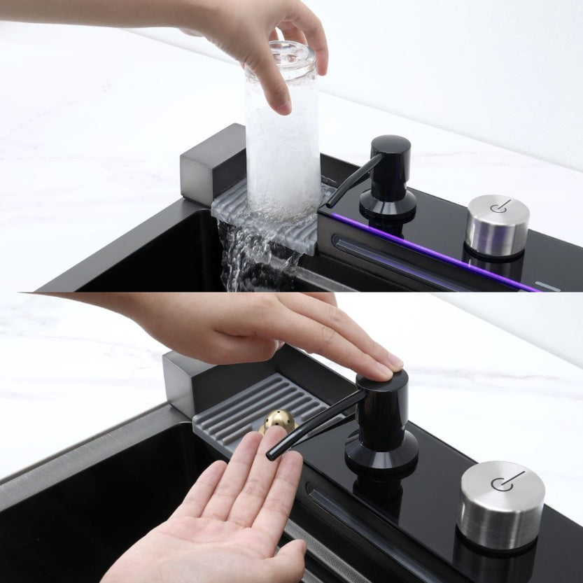 304 Stainless Steel Waterfall Kitchen Sink – Single Bowl with Pull-Out Faucet & Accessories (Black