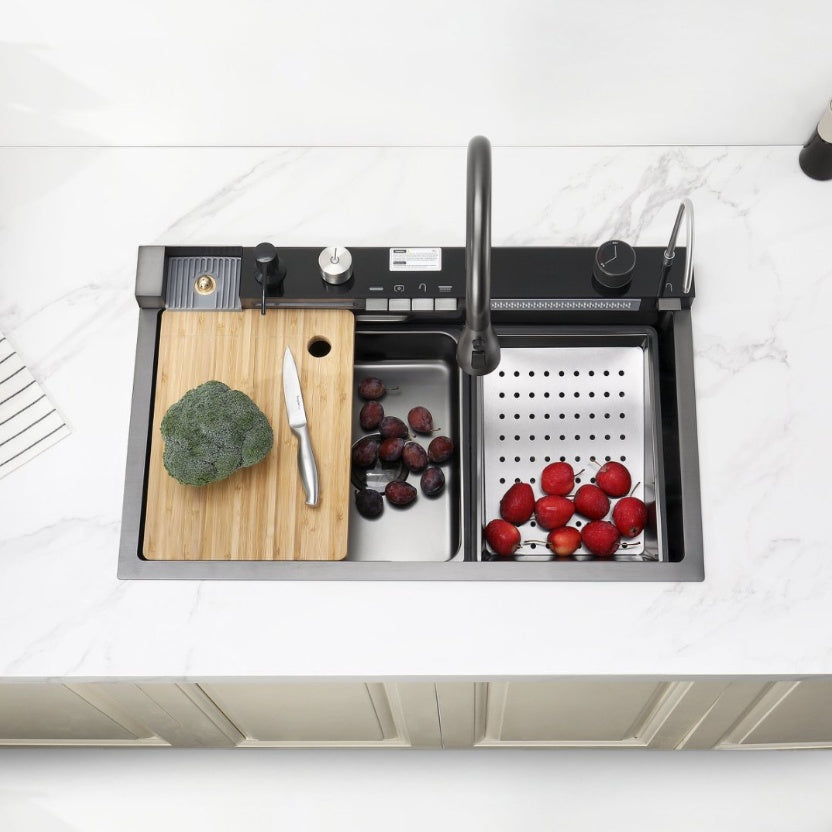 304 Stainless Steel Waterfall Kitchen Sink – Single Bowl with Pull-Out Faucet & Accessories (Black