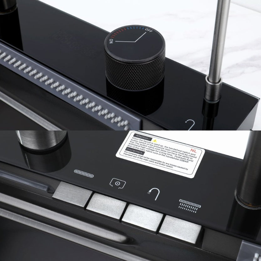 304 Stainless Steel Waterfall Kitchen Sink – Single Bowl with Pull-Out Faucet & Accessories (Black